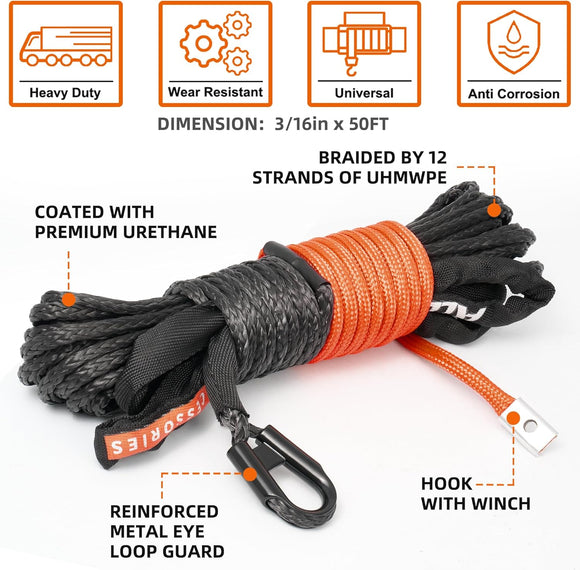 Synthetic Winch Rope Cable - 3/16" x50ft - 8350LBS