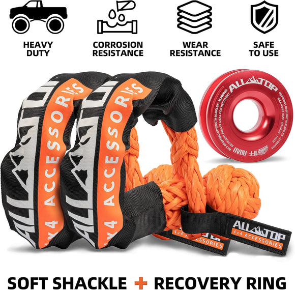 Soft Shackles + Recovery Ring Set: 2PCS x 48,300 Lbs Shackles +  Recovery Ring（Red）