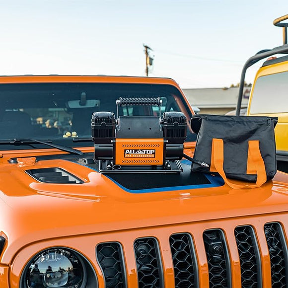 Air Compressor Kit Dual Cylinder - 12.35 ft³/Min - 12V DC + Synthetic Winch Cable w/ Forged Winch Hook - 1/4in x 50ft - 9,500 Lbs