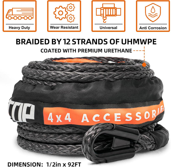 Synthetic Winch Rope Cable - 1/2" x92ft - 31500LBS