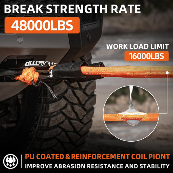 Kinetic Recovery Rope (Reflective) - 1in x 30ft - 48,000 Lbs - Orange
