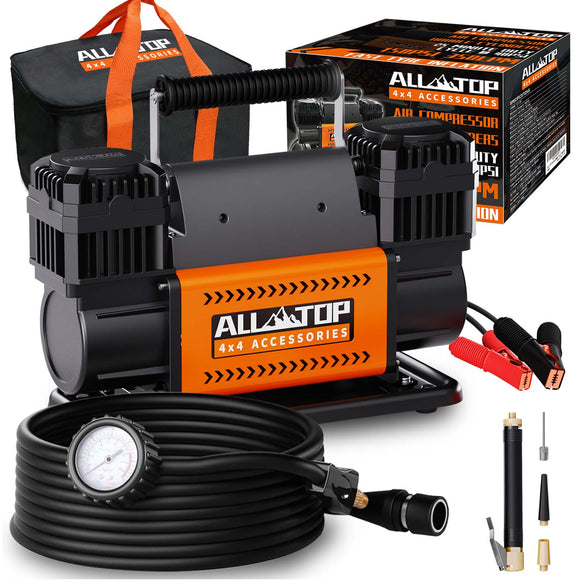 Air Compressor Kit Dual Cylinder - 12.35 ft³/Min - 12V DC + Synthetic Winch Cable w/ Forged Winch Hook - 1/4in x 50ft - 9,500 Lbs